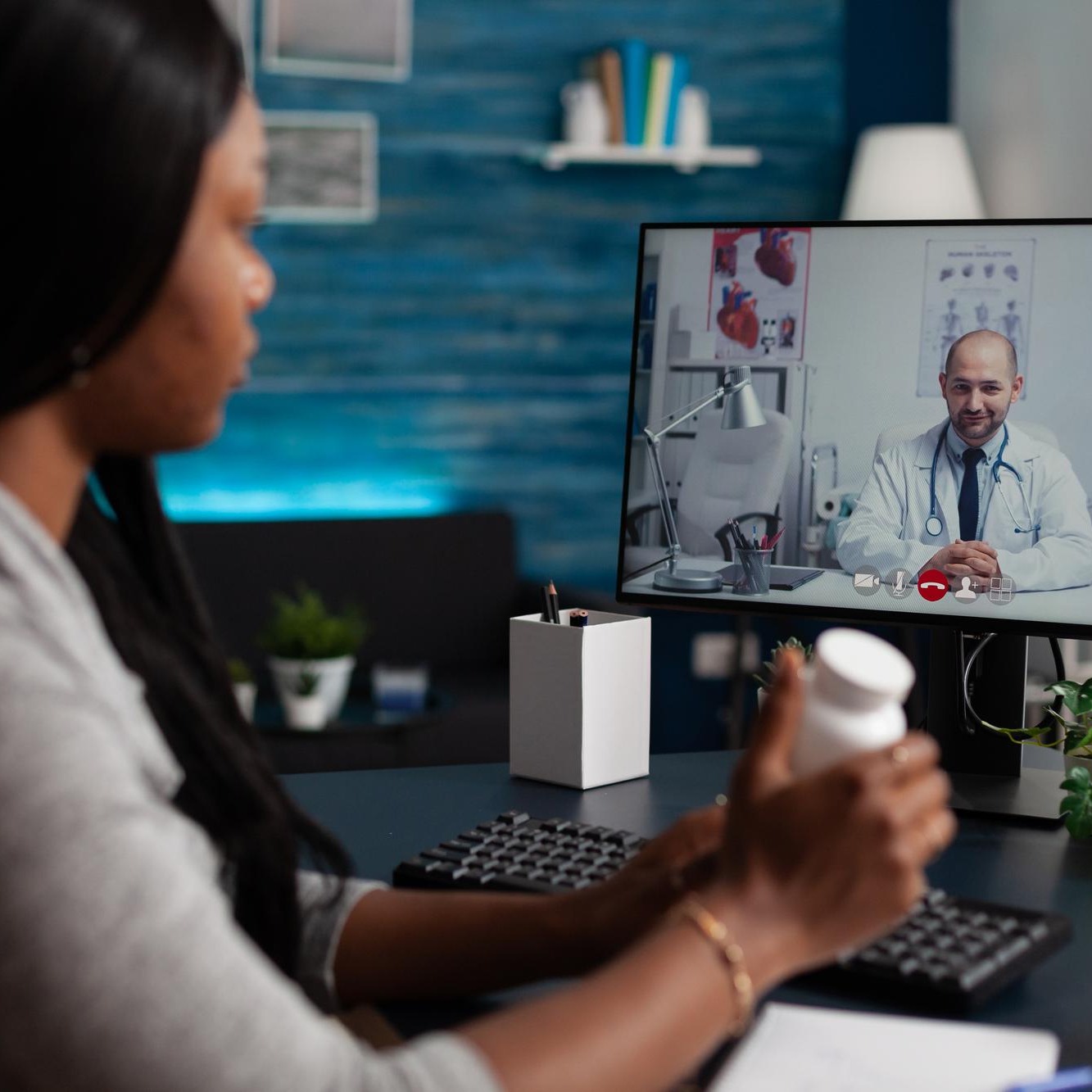sick woman holding flask pills video call with doctor doing remote consultation computer patient asking medic about healthcare treatment online video conference home 1